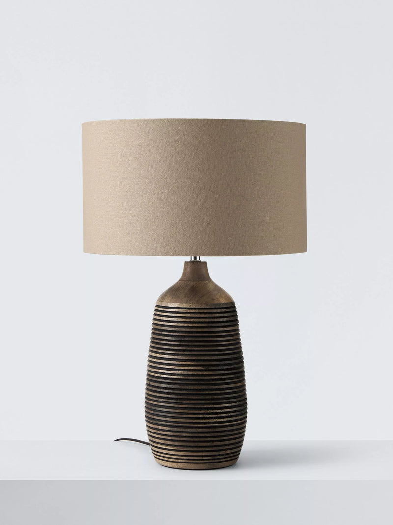 John Lewis mango wood grooved table lamp with linen shade (British brand)