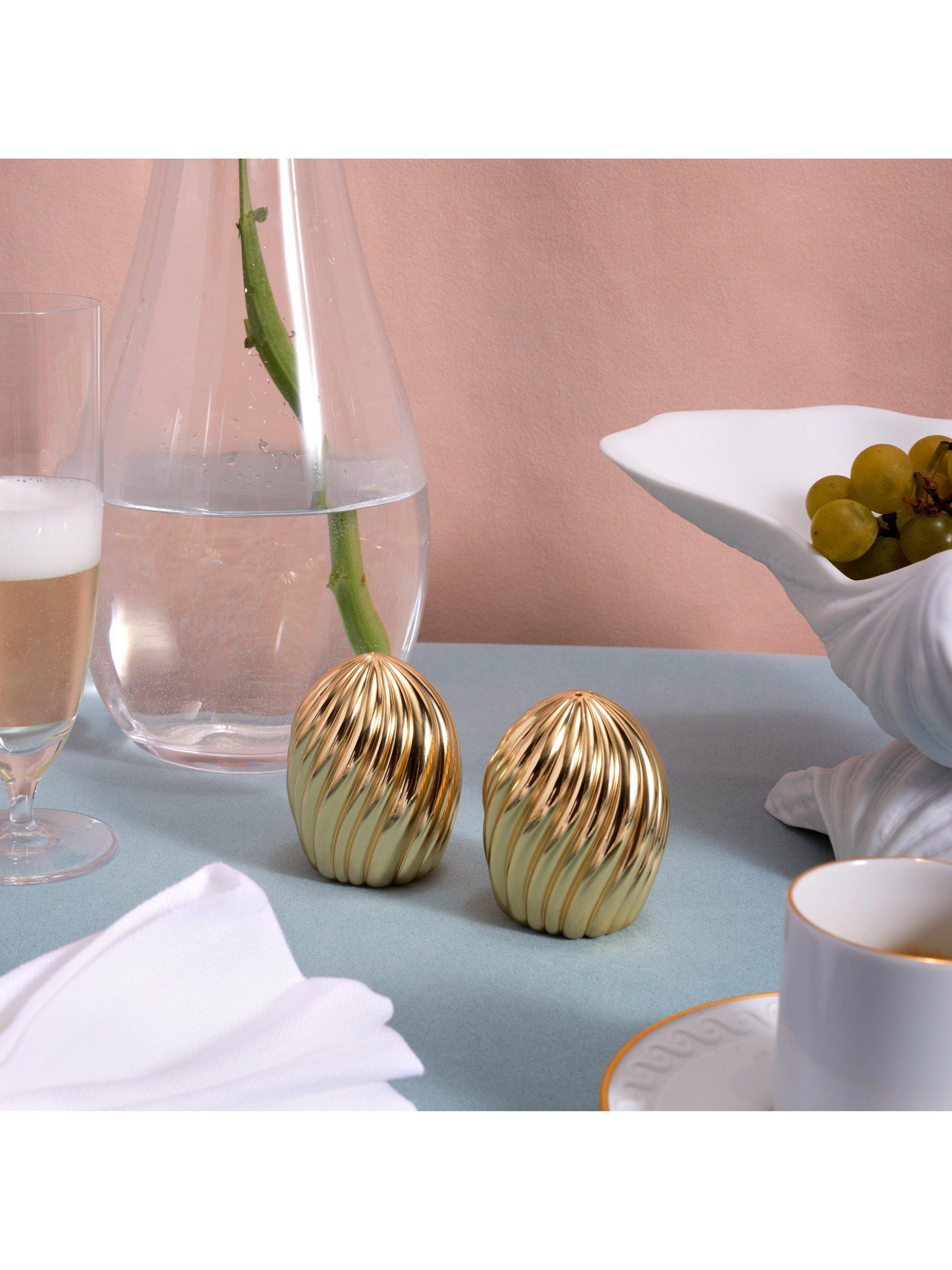 L'OBJET gold plated brass salt and pepper shakers set of 2, imported from the UK