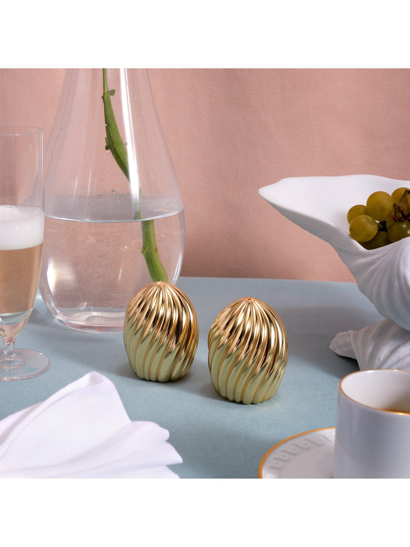 L'OBJET gold plated brass salt and pepper shakers set of 2, imported from the UK