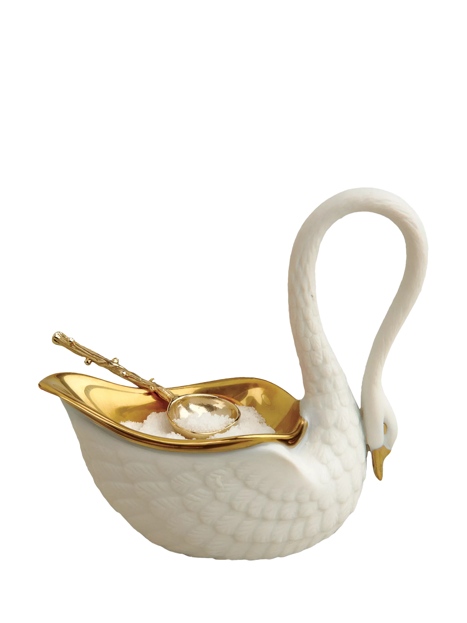 L'OBJET Swan porcelain salt cellar with gold trim, imported from the UK