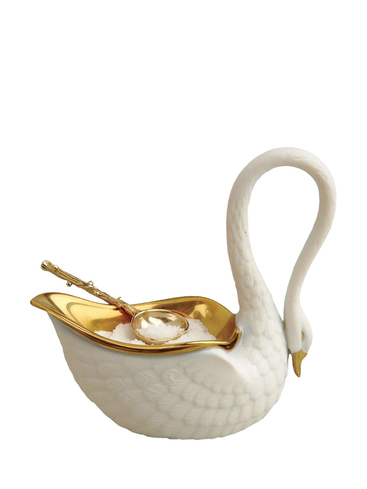 L'OBJET Swan porcelain salt cellar with gold trim, imported from the UK