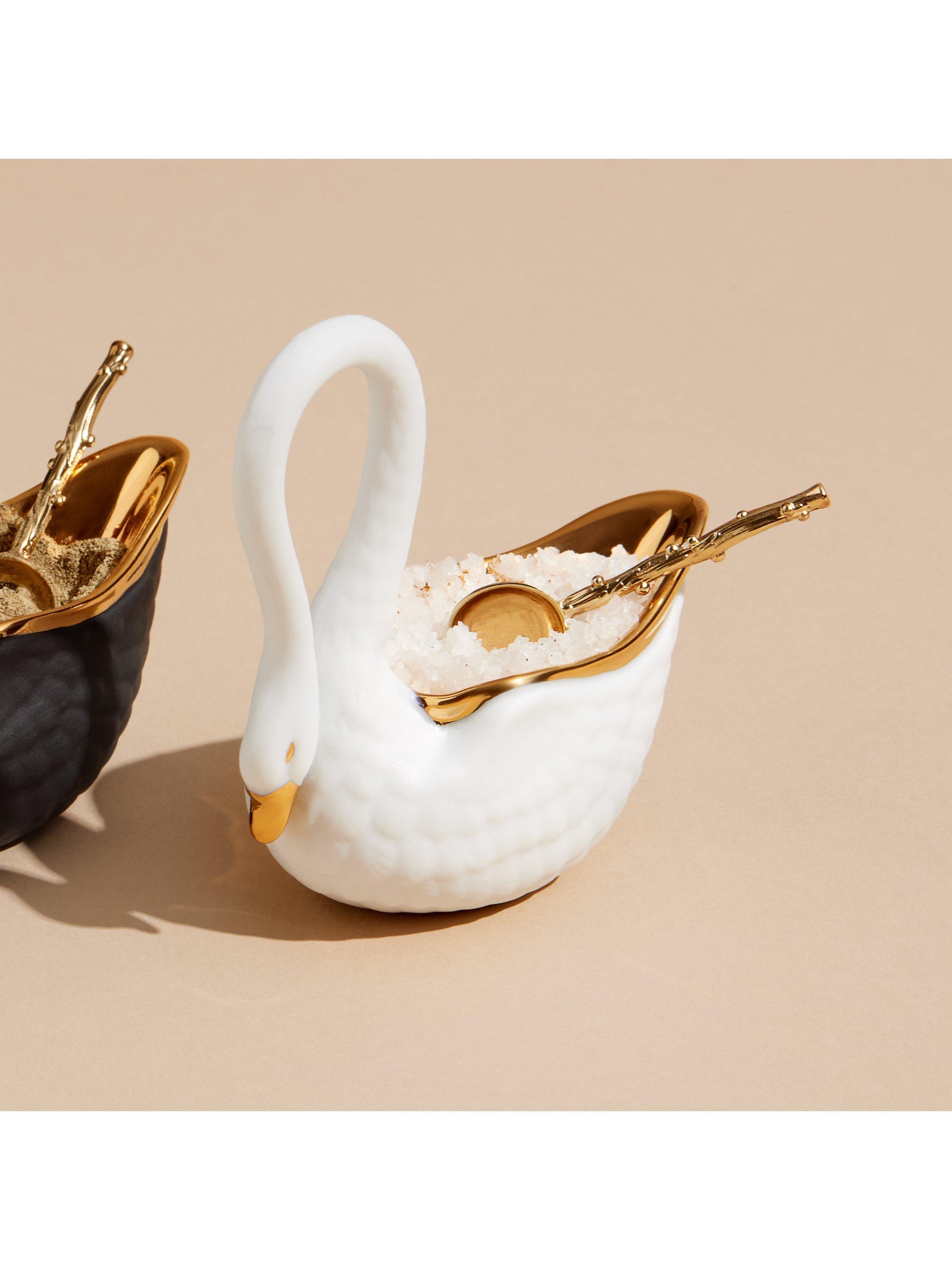L'OBJET Swan porcelain salt cellar with gold trim, imported from the UK