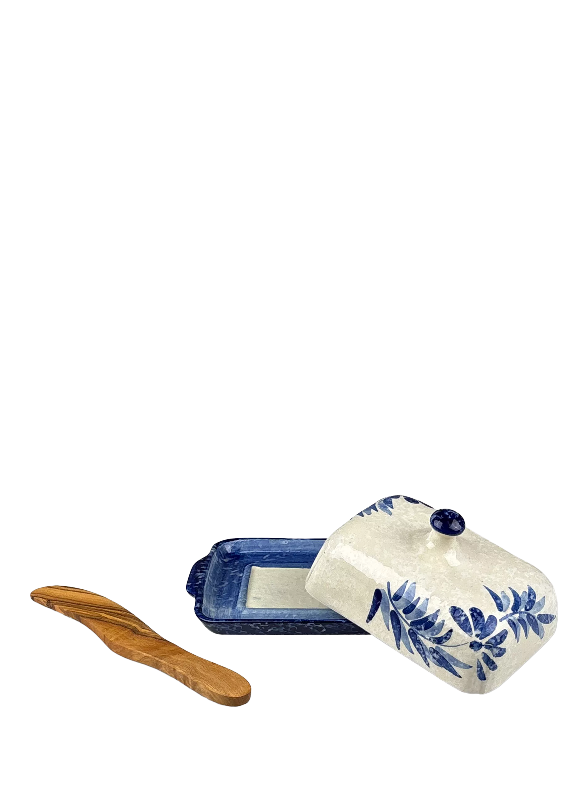 Selbrae House blue stoneware butter dish and olive wood knife set, imported from the UK