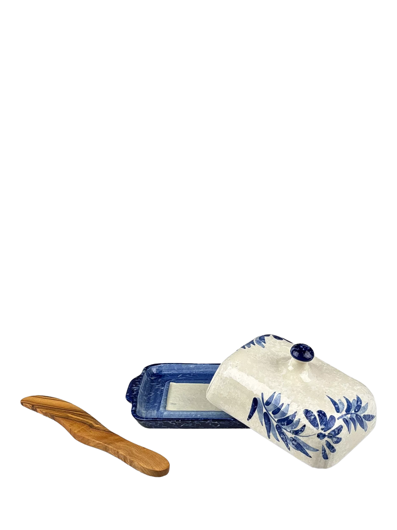 Selbrae House blue stoneware butter dish and olive wood knife set, imported from the UK
