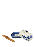 Selbrae House blue stoneware butter dish and olive wood knife set, imported from the UK