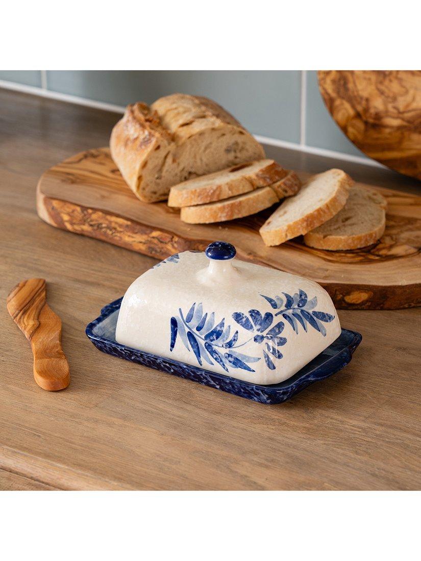 Selbrae House blue stoneware butter dish and olive wood knife set, imported from the UK