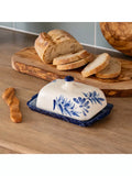 Selbrae House blue stoneware butter dish and olive wood knife set, imported from the UK