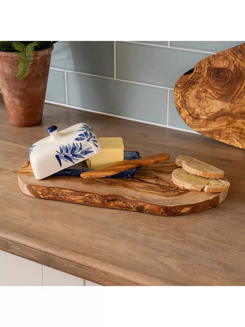 Selbrae House blue stoneware butter dish and olive wood knife set, imported from the UK