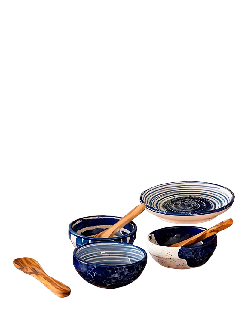 Selbrae House artisan stoneware bowl set with olive wood spoons, UK version