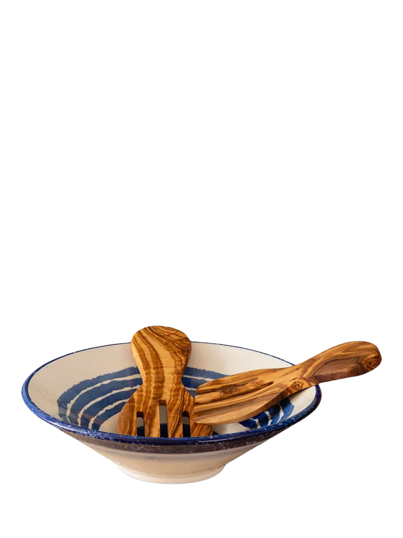 Selbrae House blue stripe stoneware salad bowl with olive wood servers 34cm (British brand)