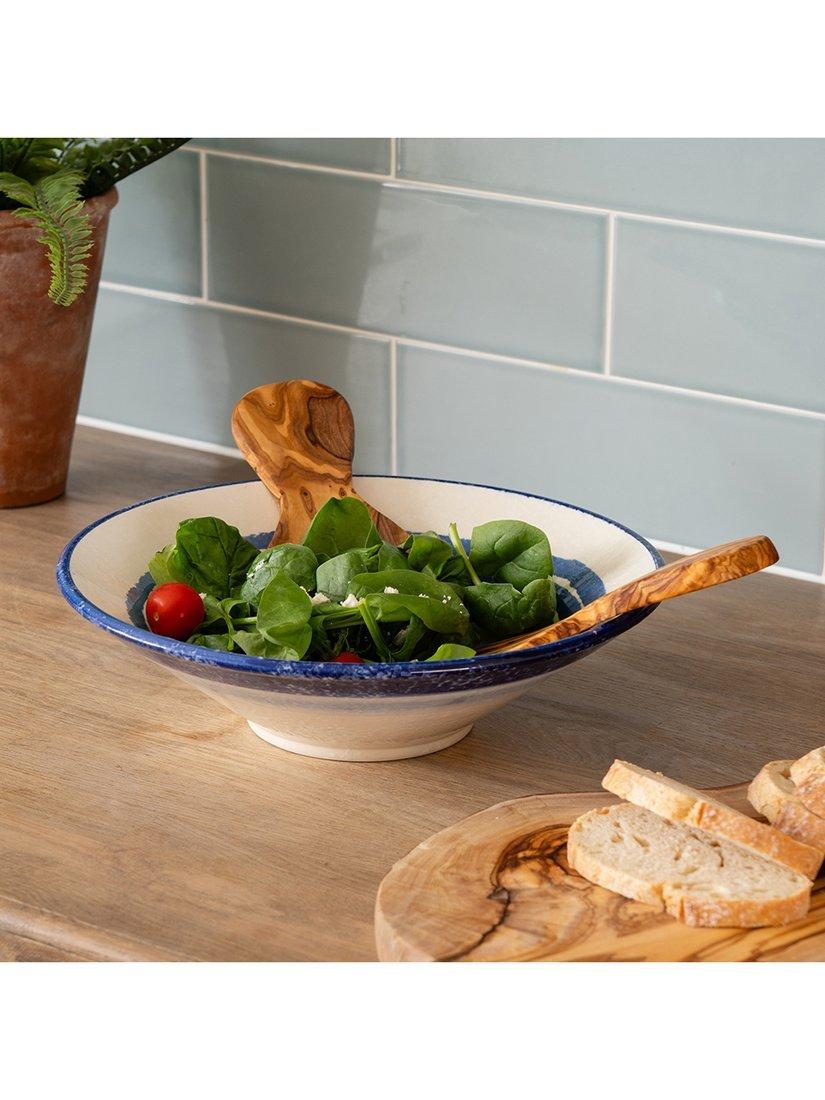 Selbrae House blue stripe stoneware salad bowl with olive wood servers 34cm (British brand)