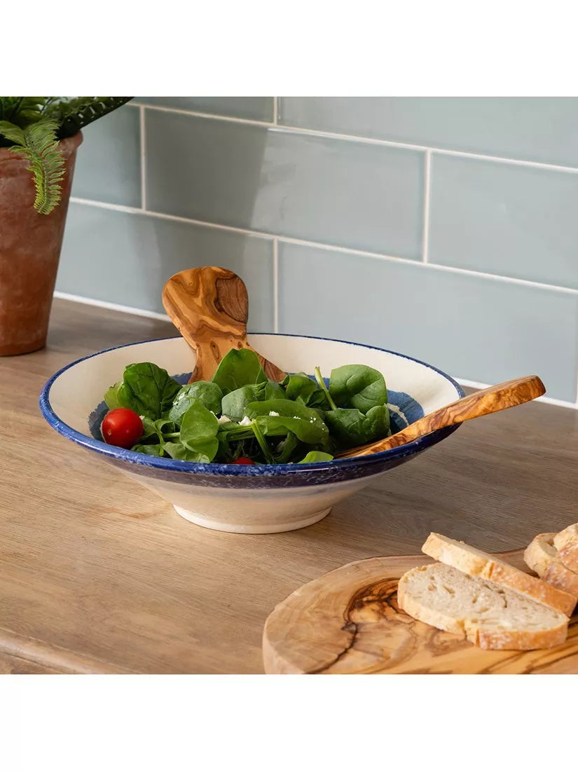 Selbrae House blue stripe stoneware salad bowl with olive wood servers 34cm (British brand)