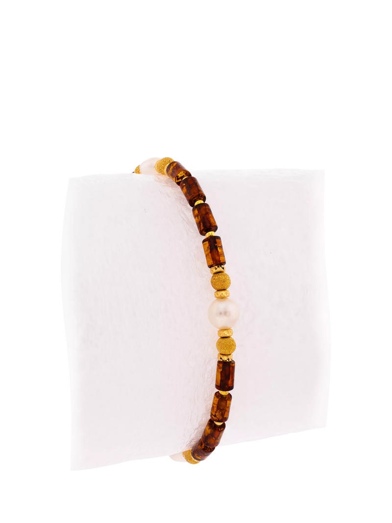 Be-Jewelled beaded bracelet with cognac amber and pearl - British product