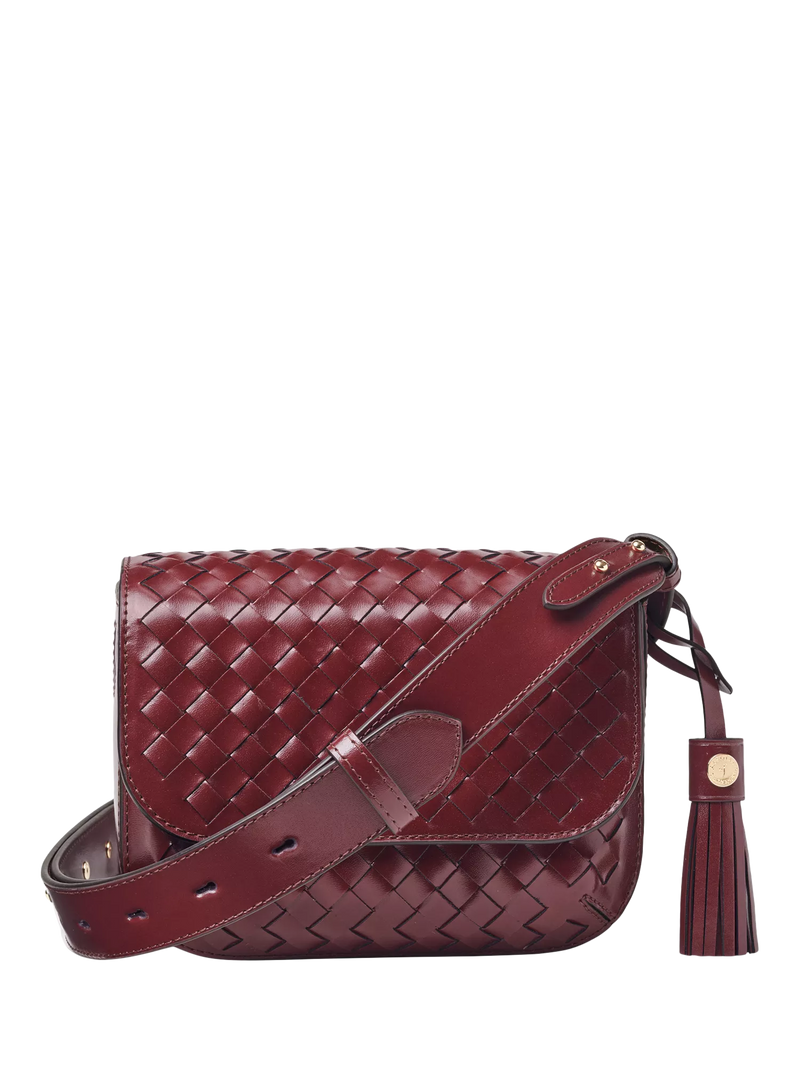 Aspinal of London crossbody bag burgundy woven leather, imported from the UK