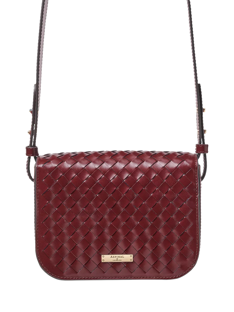 Aspinal of London crossbody bag burgundy woven leather, imported from the UK