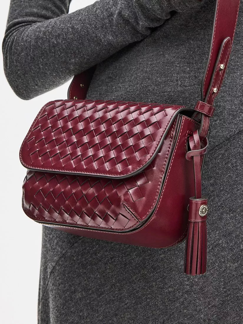 Aspinal of London crossbody bag burgundy woven leather, imported from the UK