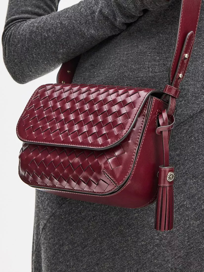 Aspinal of London crossbody bag burgundy woven leather, imported from the UK