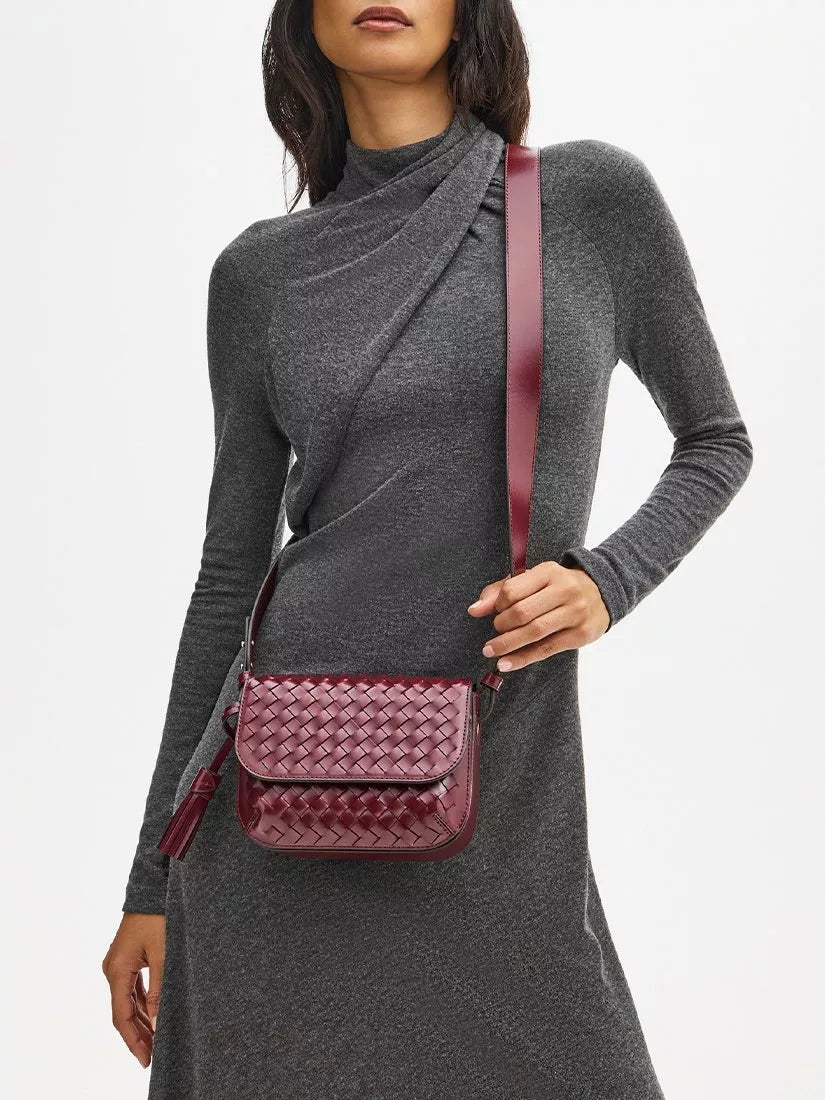 Aspinal of London crossbody bag burgundy woven leather, imported from the UK