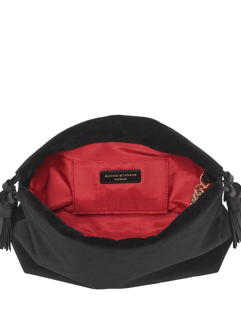 Aspinal of London Amelia black velvet evening bag, imported from the UK