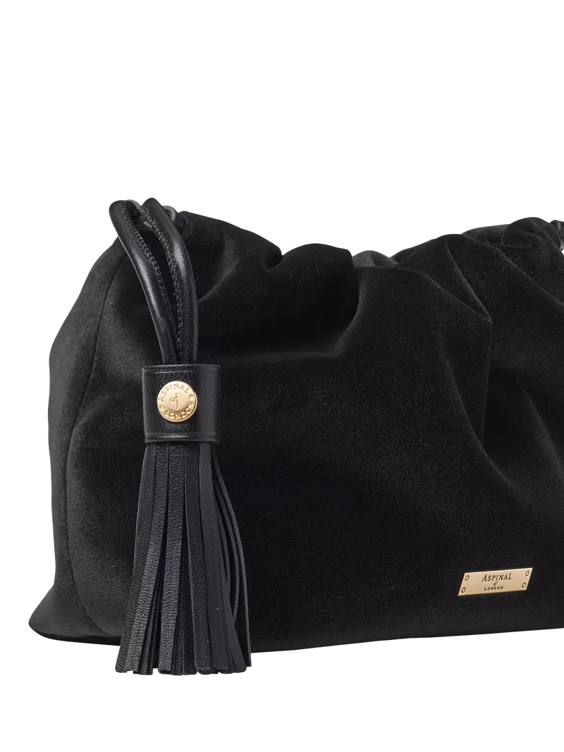 Aspinal of London Amelia black velvet evening bag, imported from the UK
