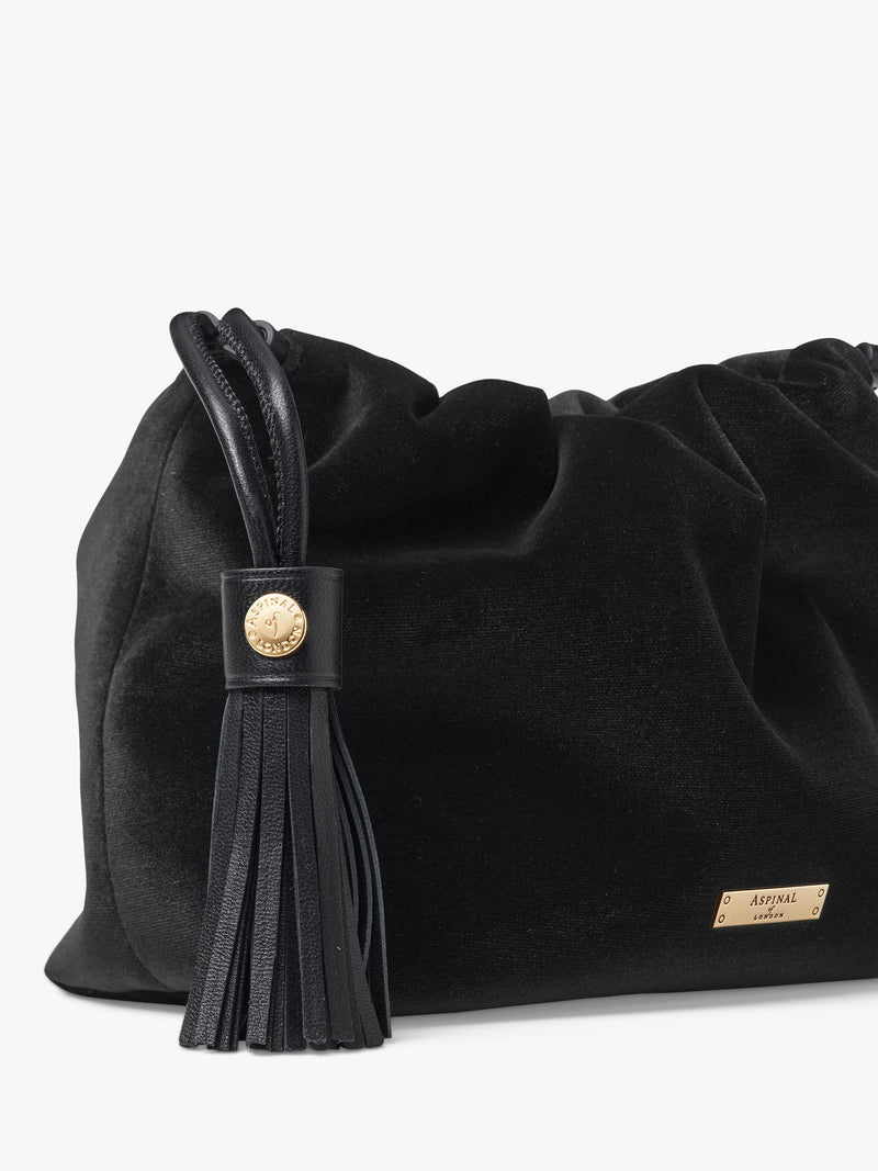 Aspinal of London Amelia black velvet evening bag, imported from the UK
