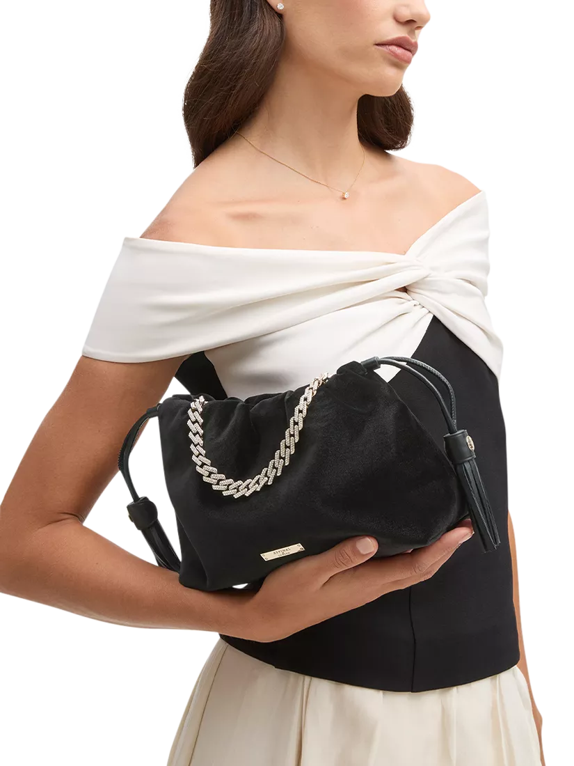 Aspinal of London Amelia black velvet evening bag, imported from the UK