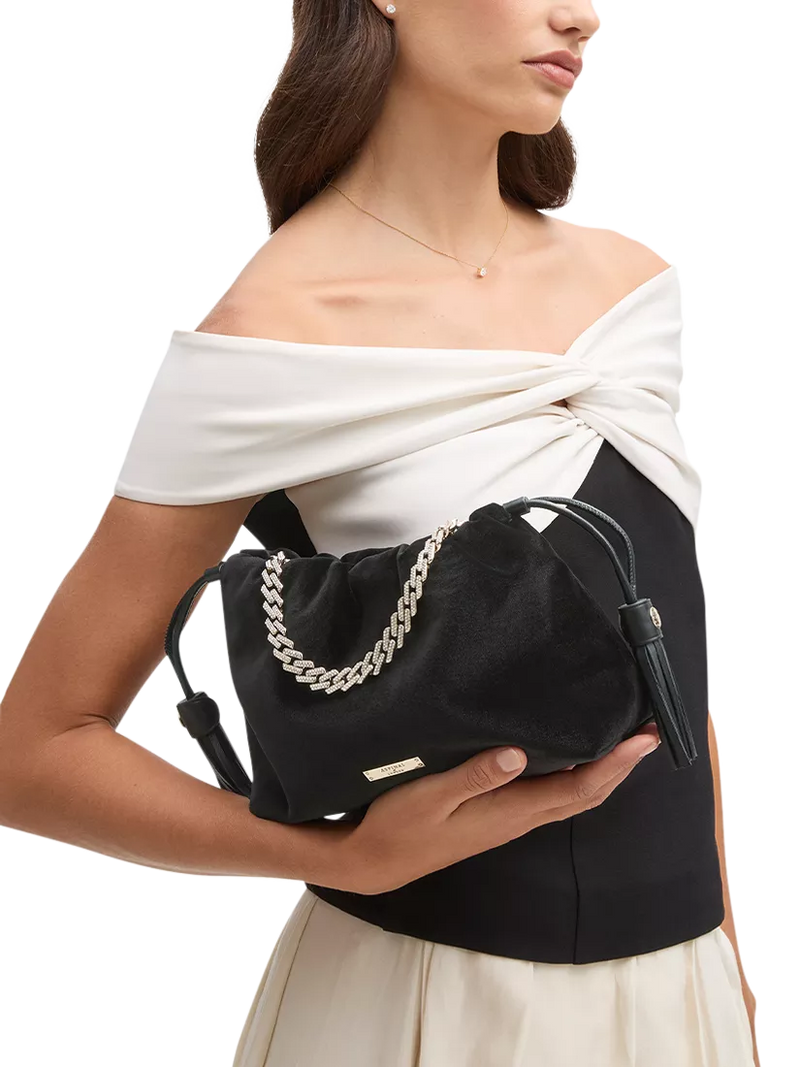 Aspinal of London Amelia black velvet evening bag, imported from the UK