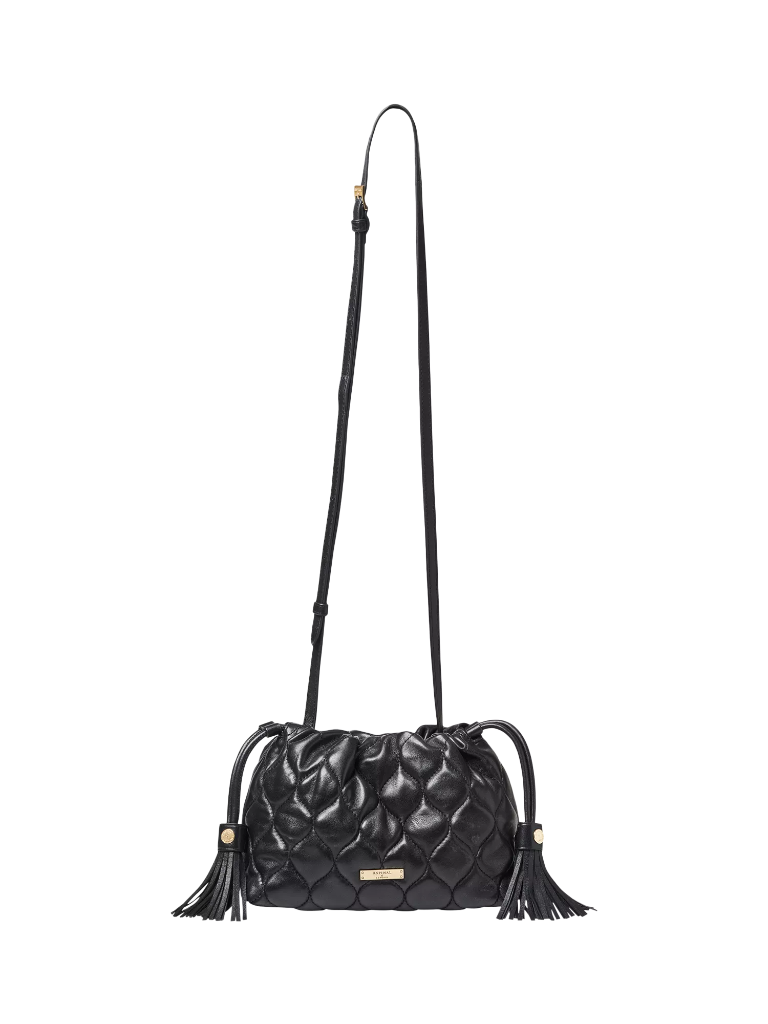 Aspinal of London black quilted leather evening bag, imported from the UK