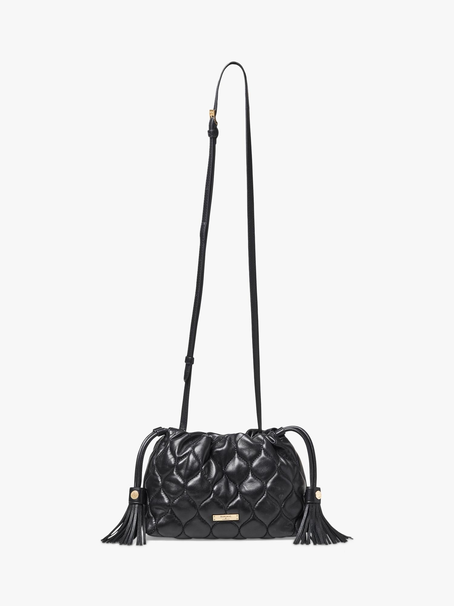Aspinal of London black quilted leather evening bag, imported from the UK