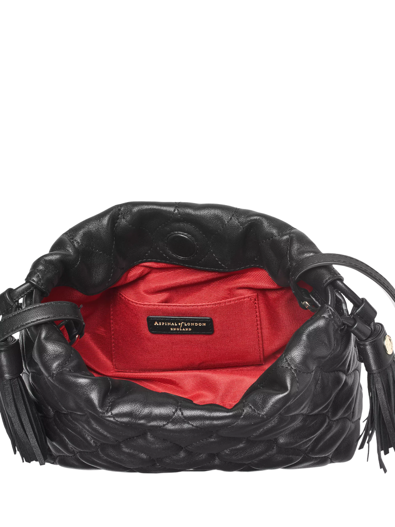 Aspinal of London black quilted leather evening bag, imported from the UK