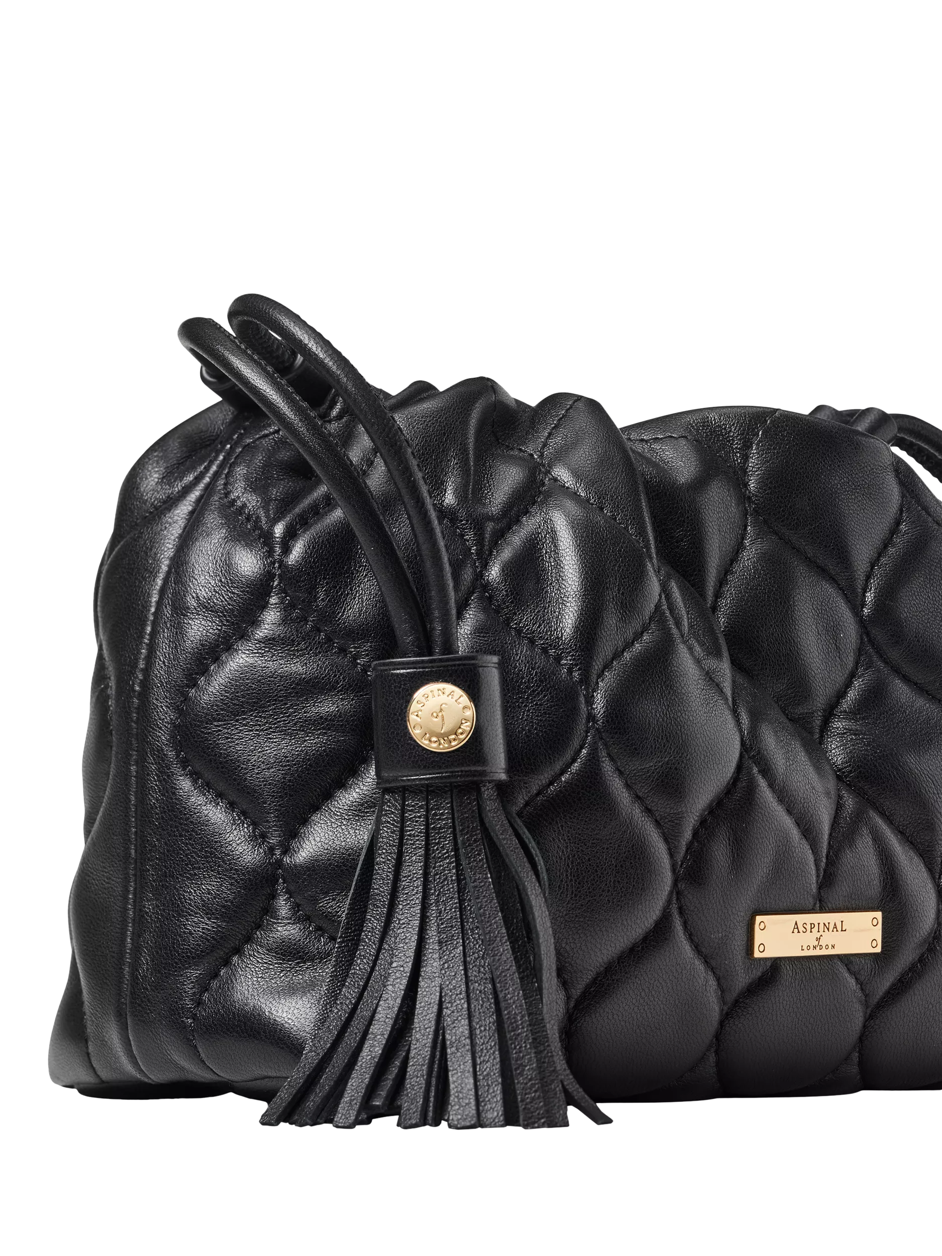 Aspinal of London black quilted leather evening bag, imported from the UK