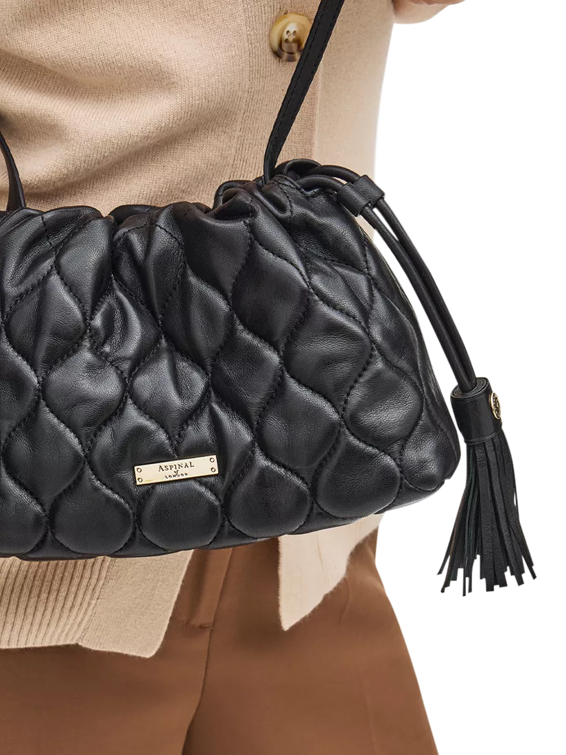 Aspinal of London black quilted leather evening bag, imported from the UK