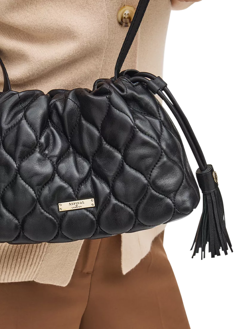 Aspinal of London black quilted leather evening bag, imported from the UK