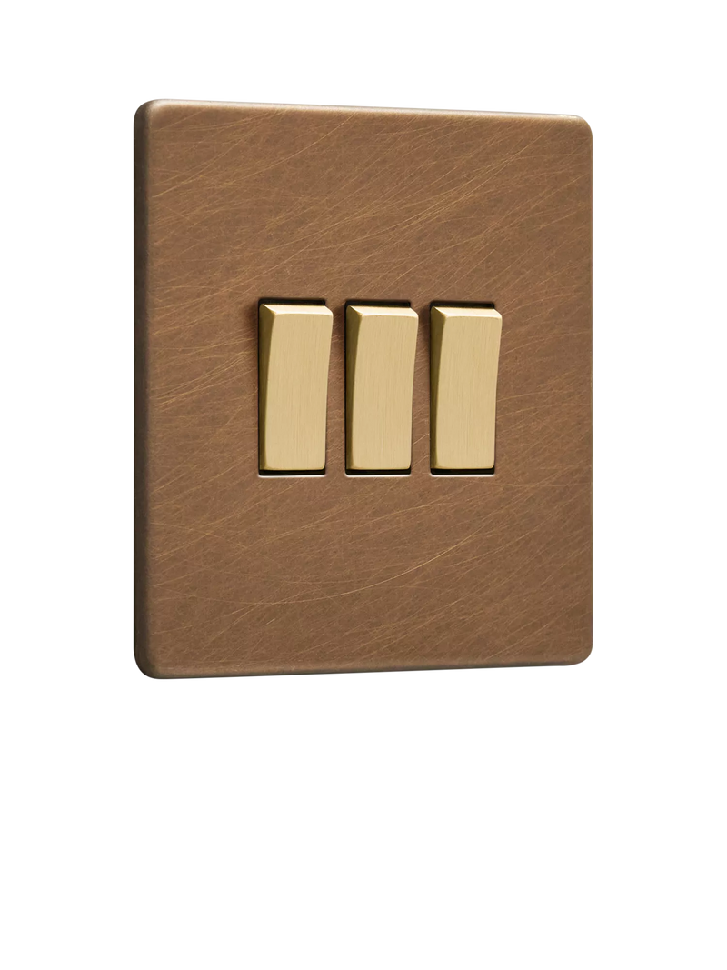 Dowsing & Reynolds antique brass triple rocker switch (British brand)