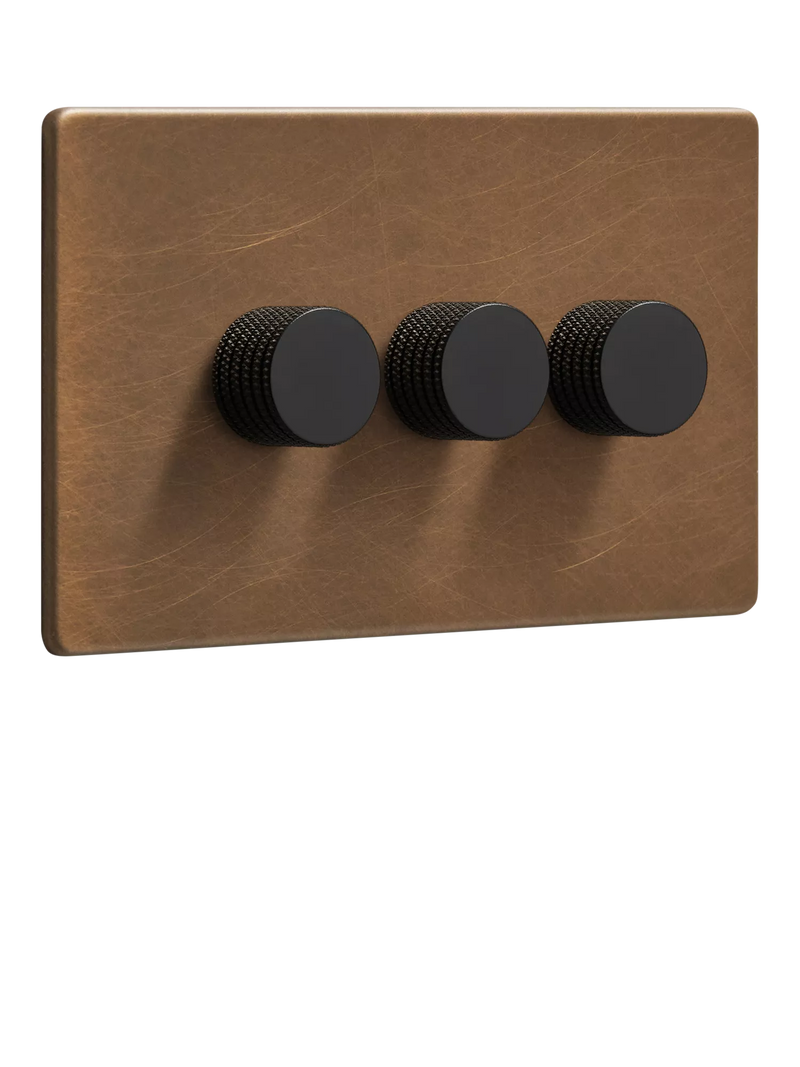 Dowsing & Reynolds Antique Brass Triple Dimmer Switch, Black Knobs