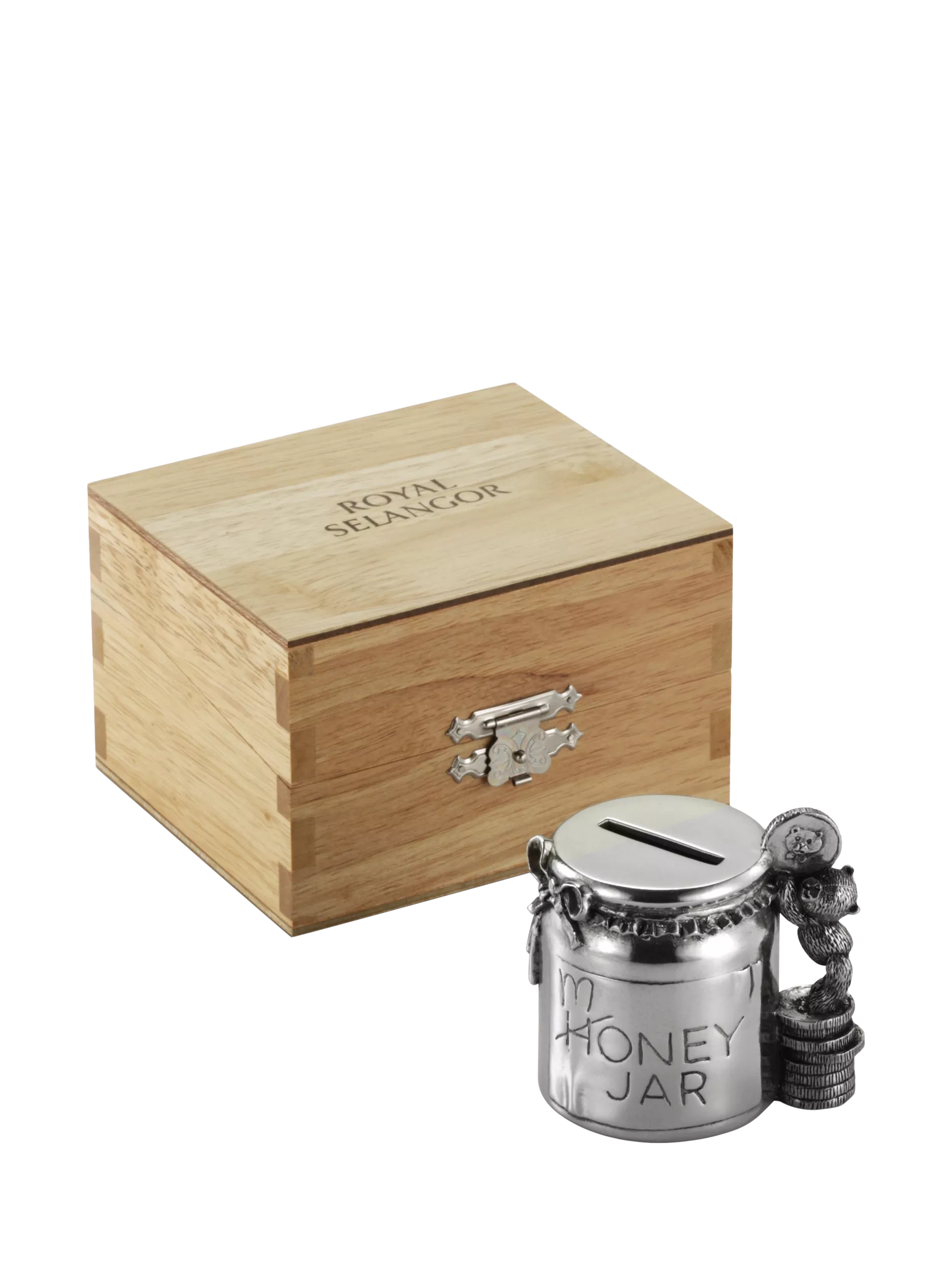 Royal Selangor pewter teddy money box in wooden gift box, imported from the UK
