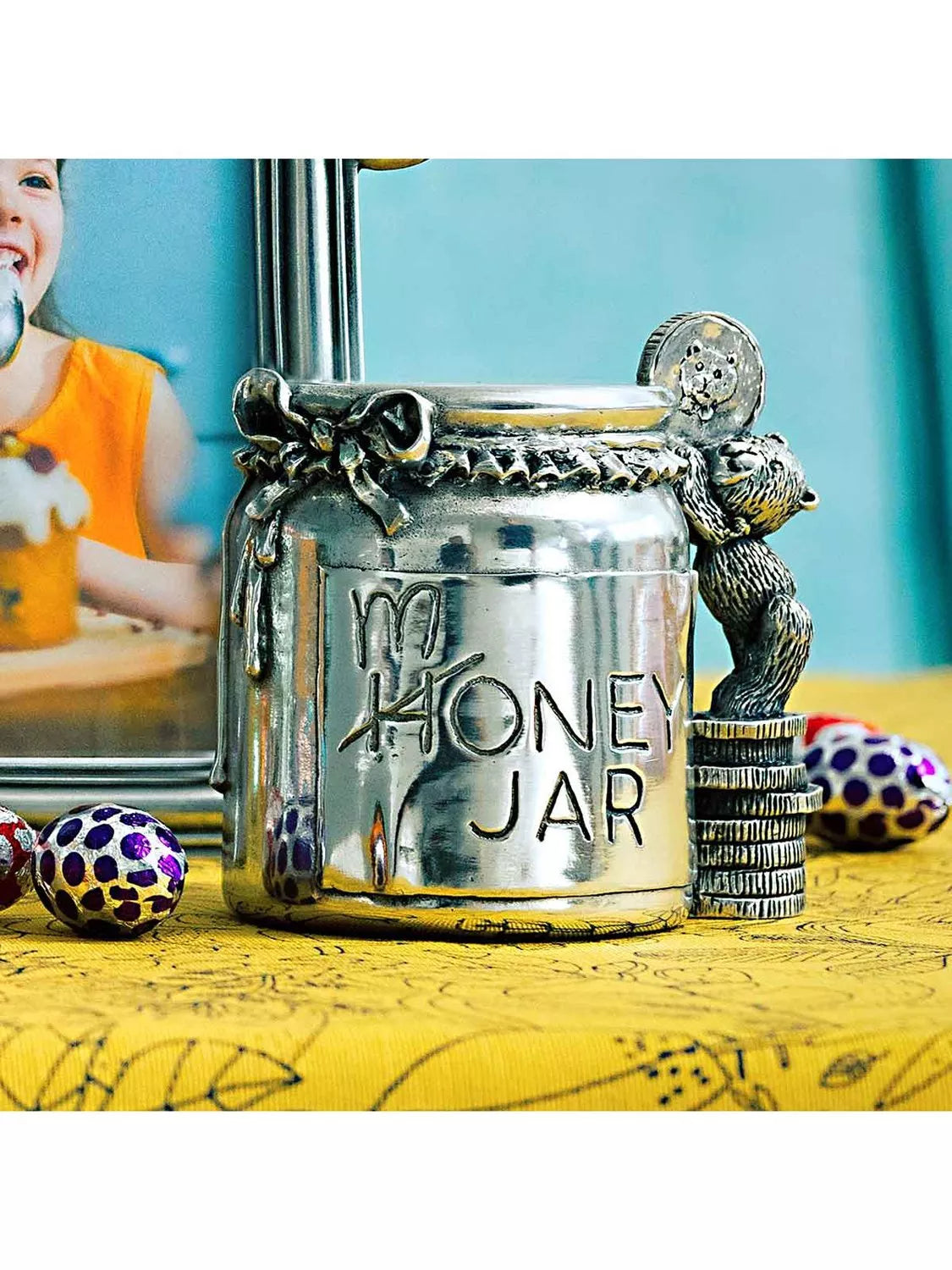 Royal Selangor pewter teddy money box in wooden gift box, imported from the UK