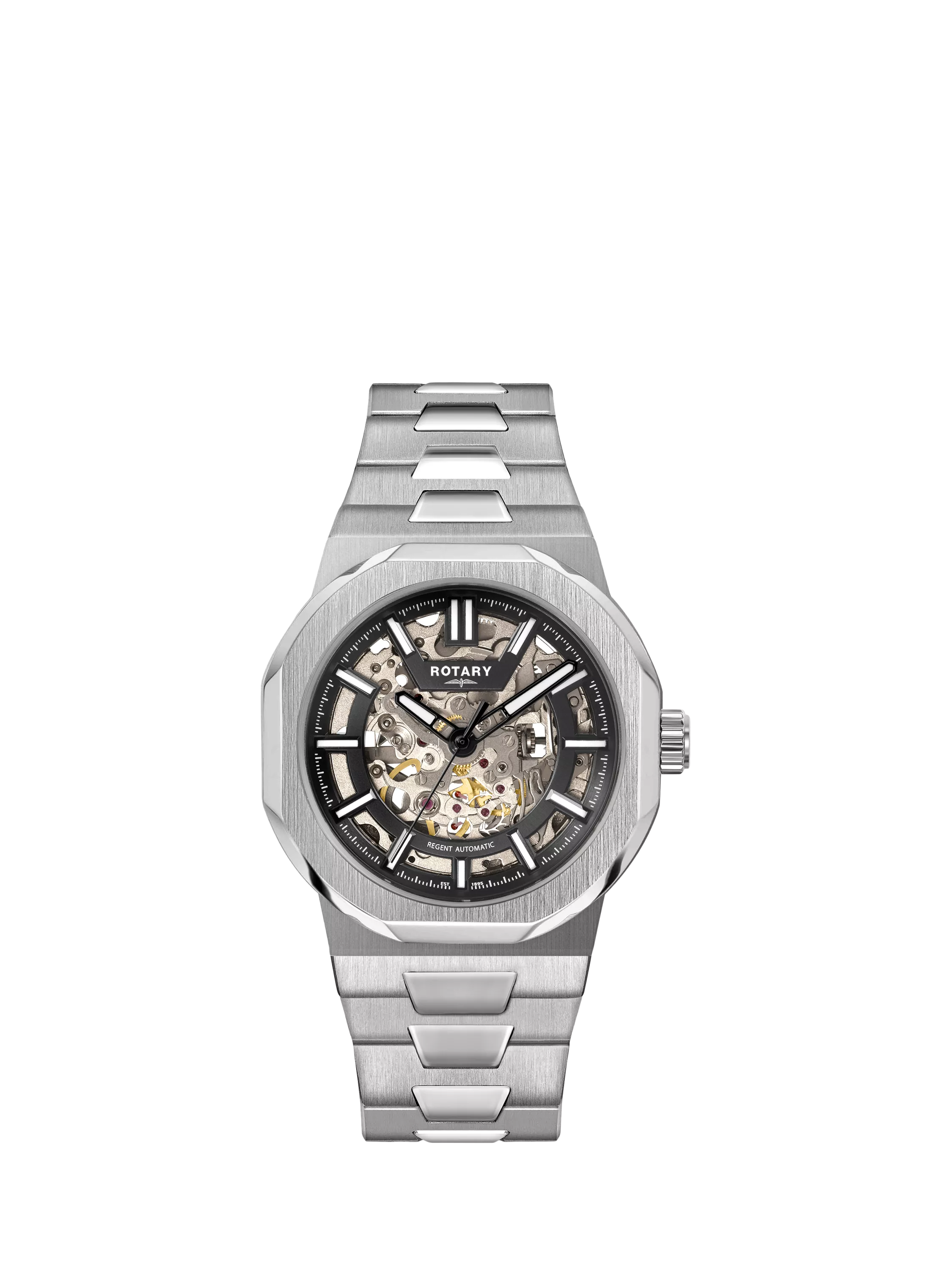 Rotary men's skeleton watch with silver bracelet, UK version