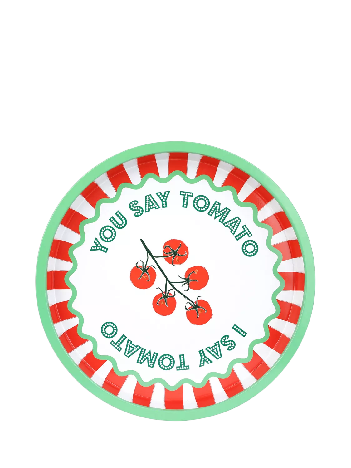 Talking Tables Bon Appetit tomato round tin tray, UK version