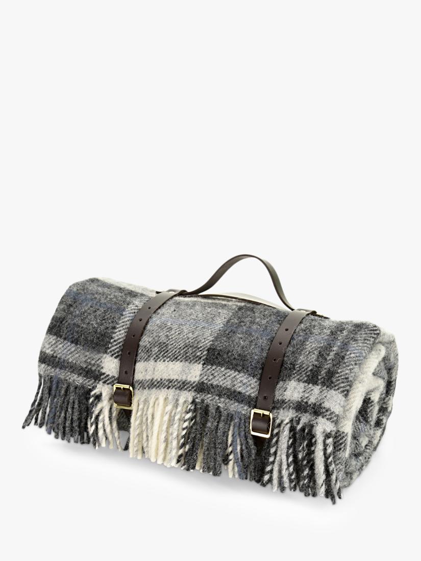 Tweedmill wool check picnic rug grey 145cm, imported from the UK