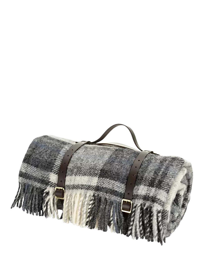 Tweedmill wool check picnic rug grey 145cm, imported from the UK