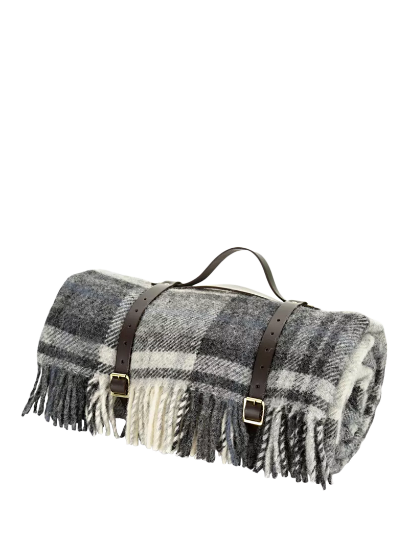 Tweedmill wool check picnic rug grey 145cm, imported from the UK