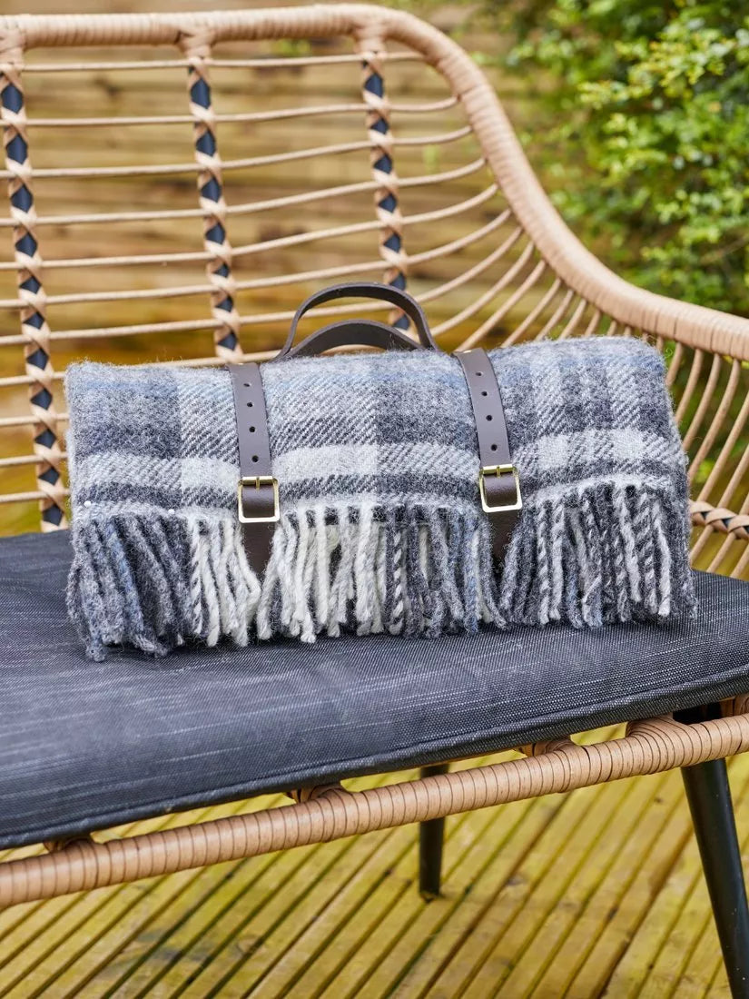 Tweedmill wool check picnic rug grey 145cm, imported from the UK