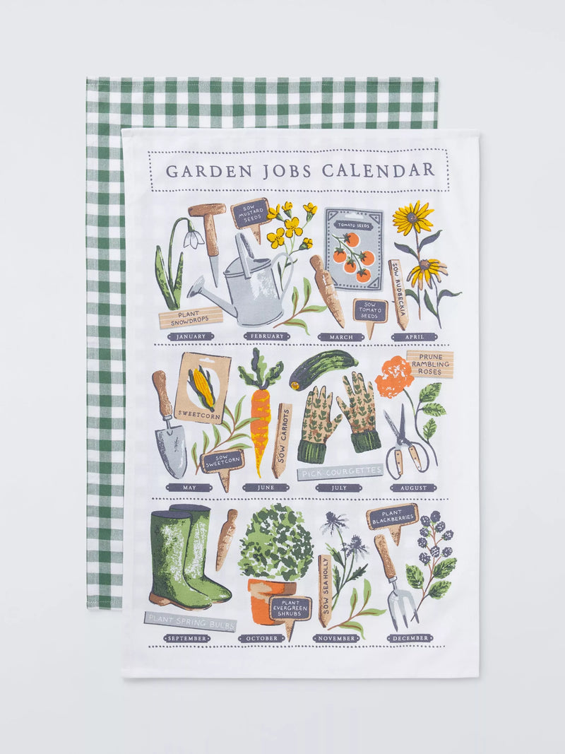 Ulster Weavers tea towel set with garden jobs calendar and gingham, imported from the UK