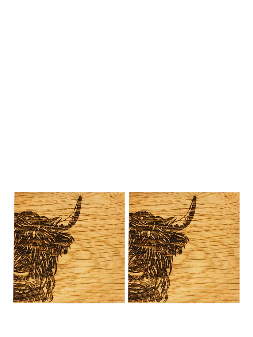 Selbrae House Highland Cow oak wood coasters set of two (British brand)