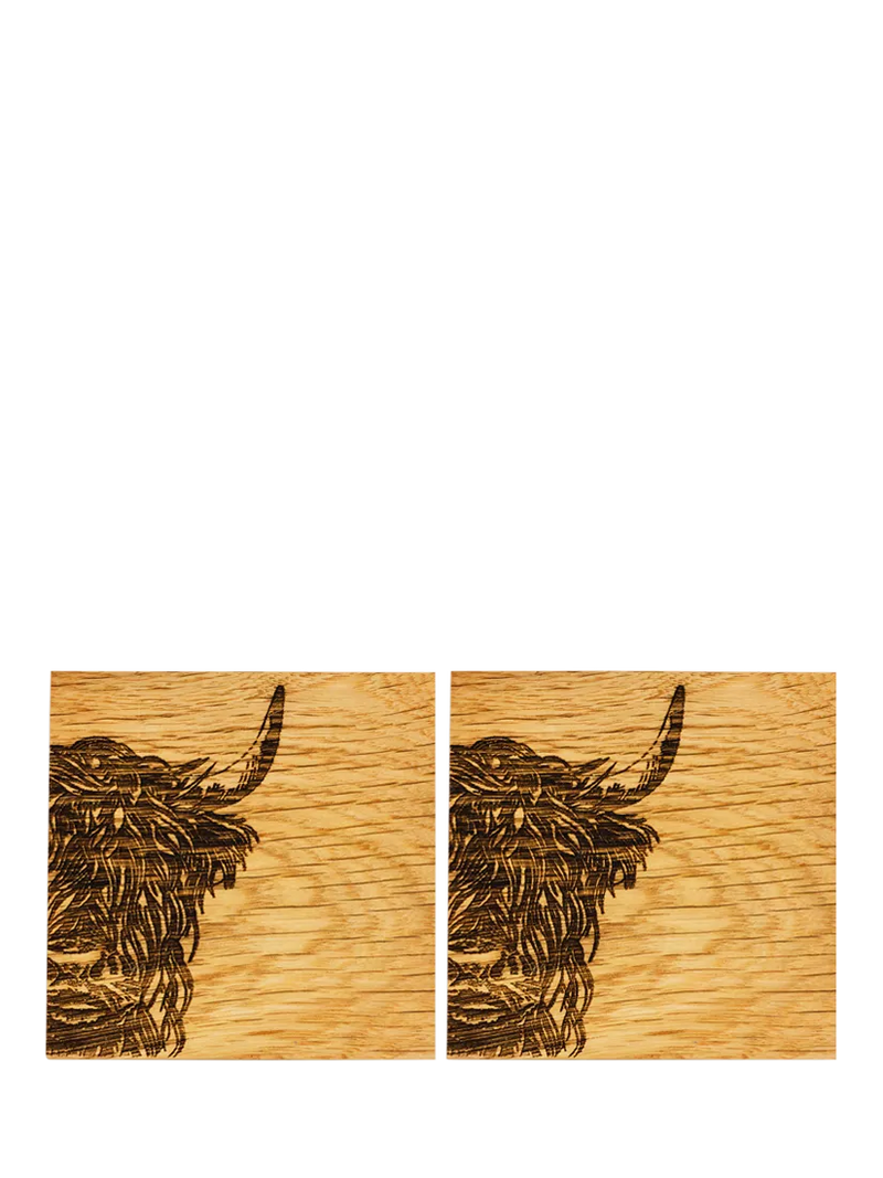 Selbrae House Highland Cow oak wood coasters set of two (British brand)