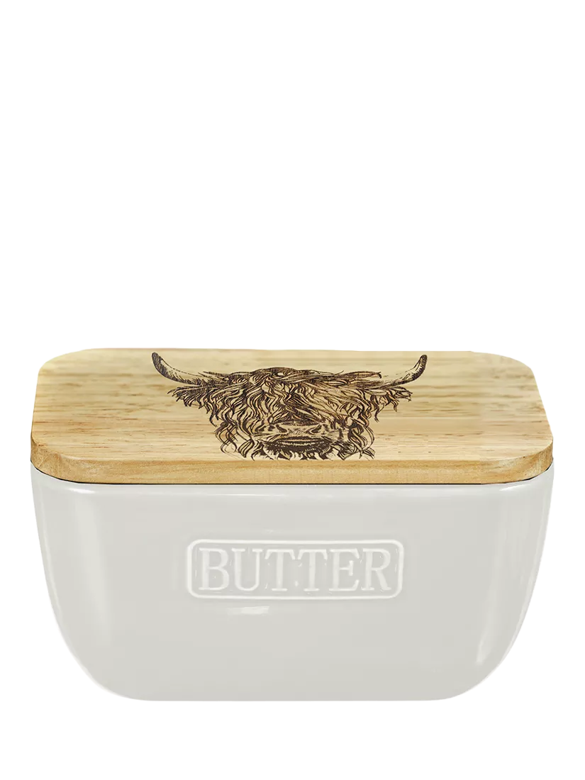 Selbrae House butter dish with Highland cow oak lid - British product