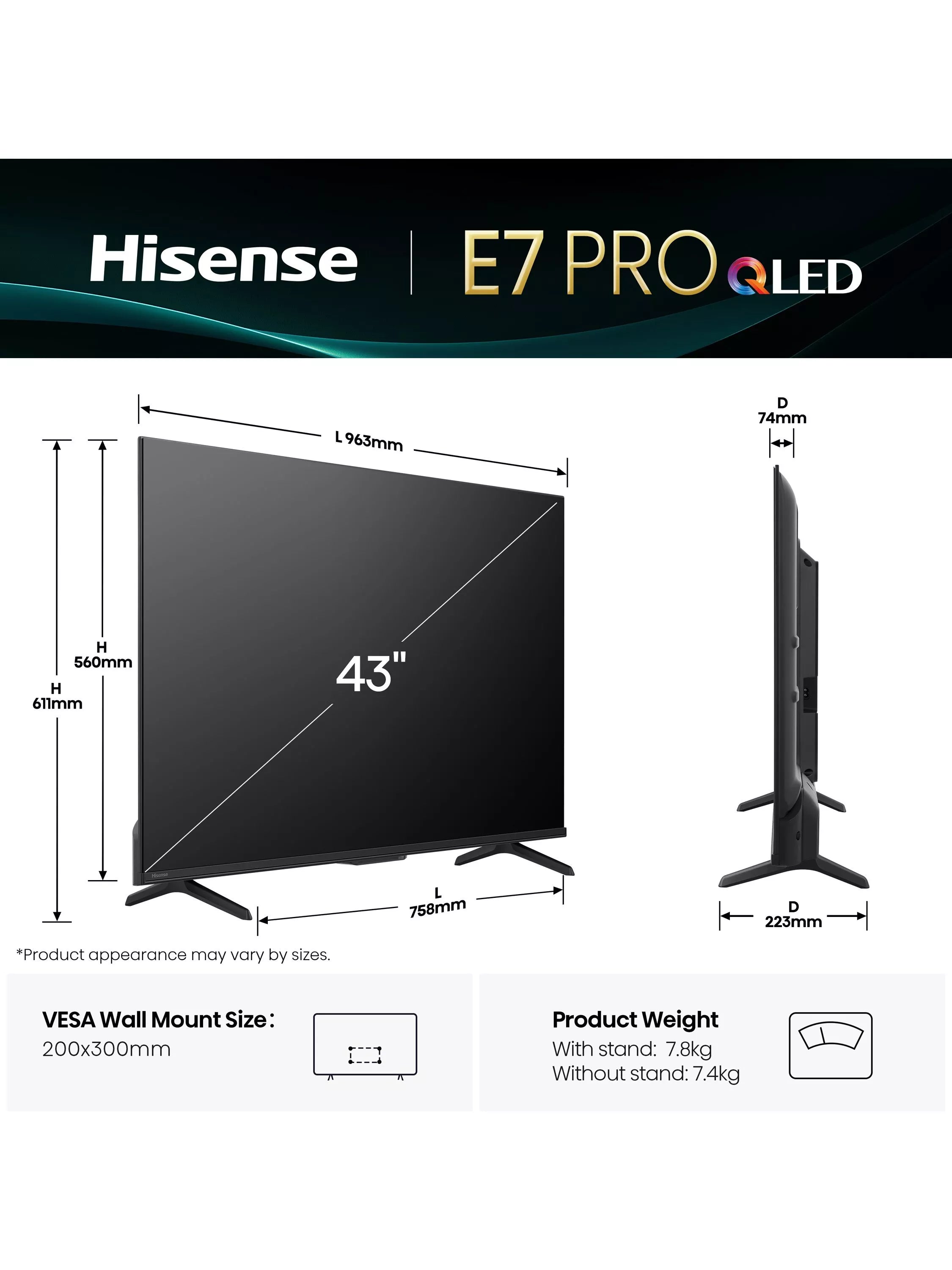 Hisense QLED 4K TV 43E7QTUK PRO 43 inch, UK version
