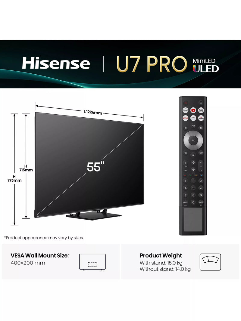 Hisense 55U7QTUK PRO MiniLED TV 55 inch - British product