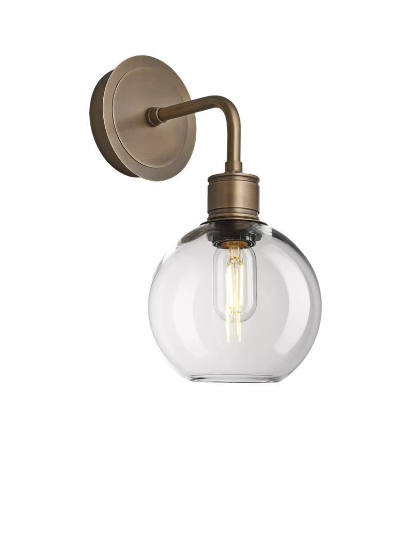 Industville clear glass globe wall light antique brass (British brand)